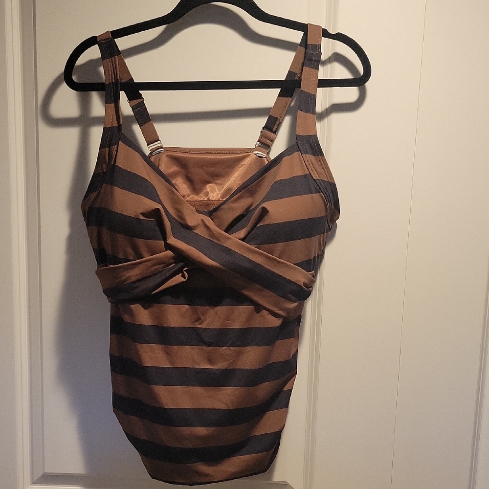 Brown and Black Striped Swim Top